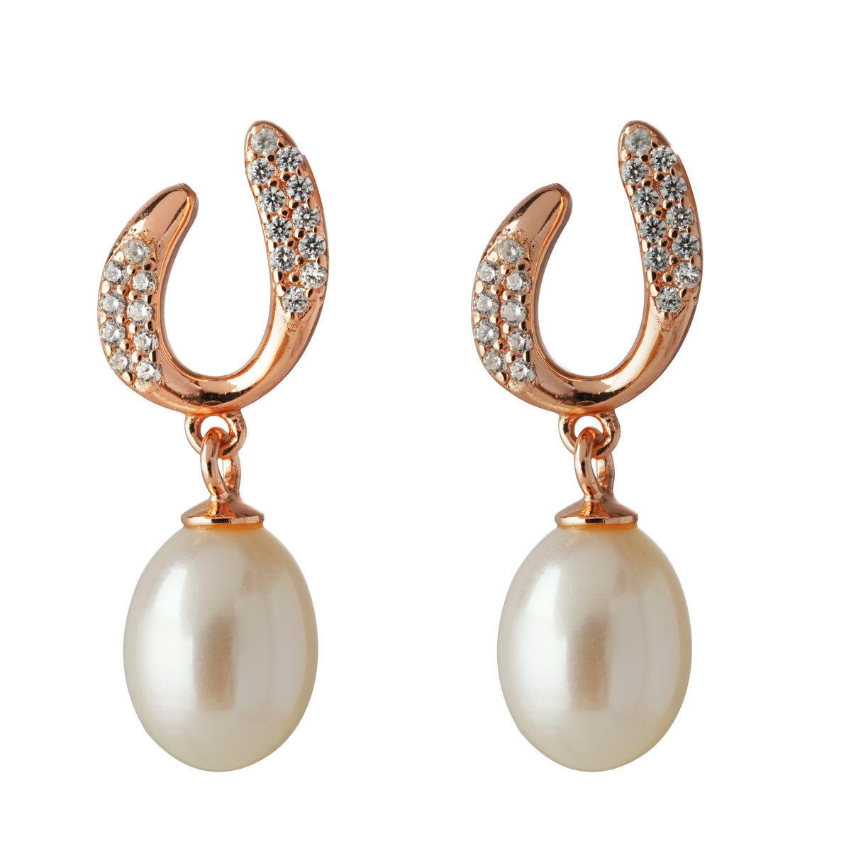 Rose-Gold Plated 925 Silver U-Shaped CZ Earrings with Freshwater Pearl Drops