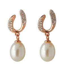 Rose-Gold Plated 925 Silver U-Shaped CZ Earrings with Freshwater Pearl Drops