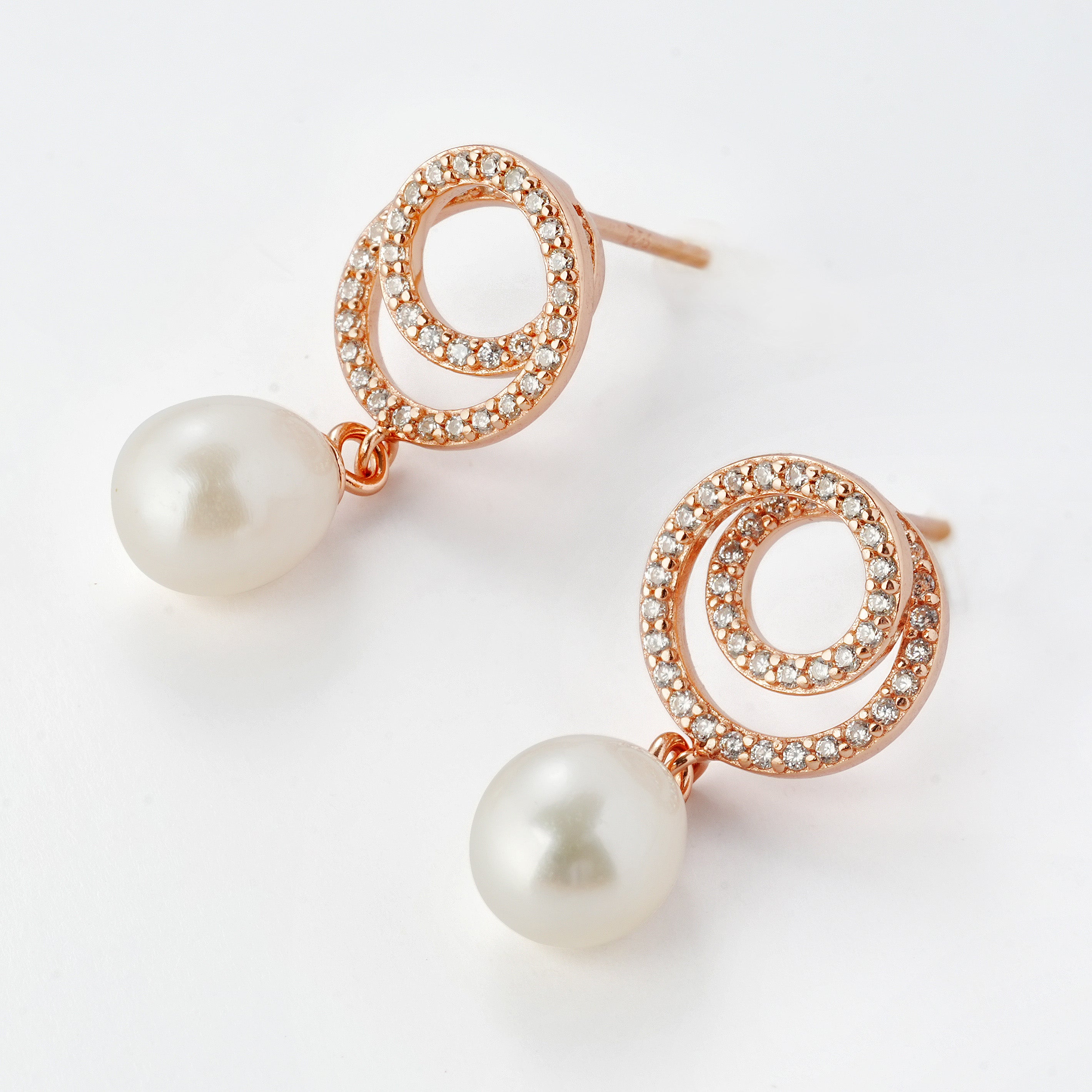 Rose-Gold Plated 925 Sterling Silver Spiral Earrings with Freshwater Pearl Drops