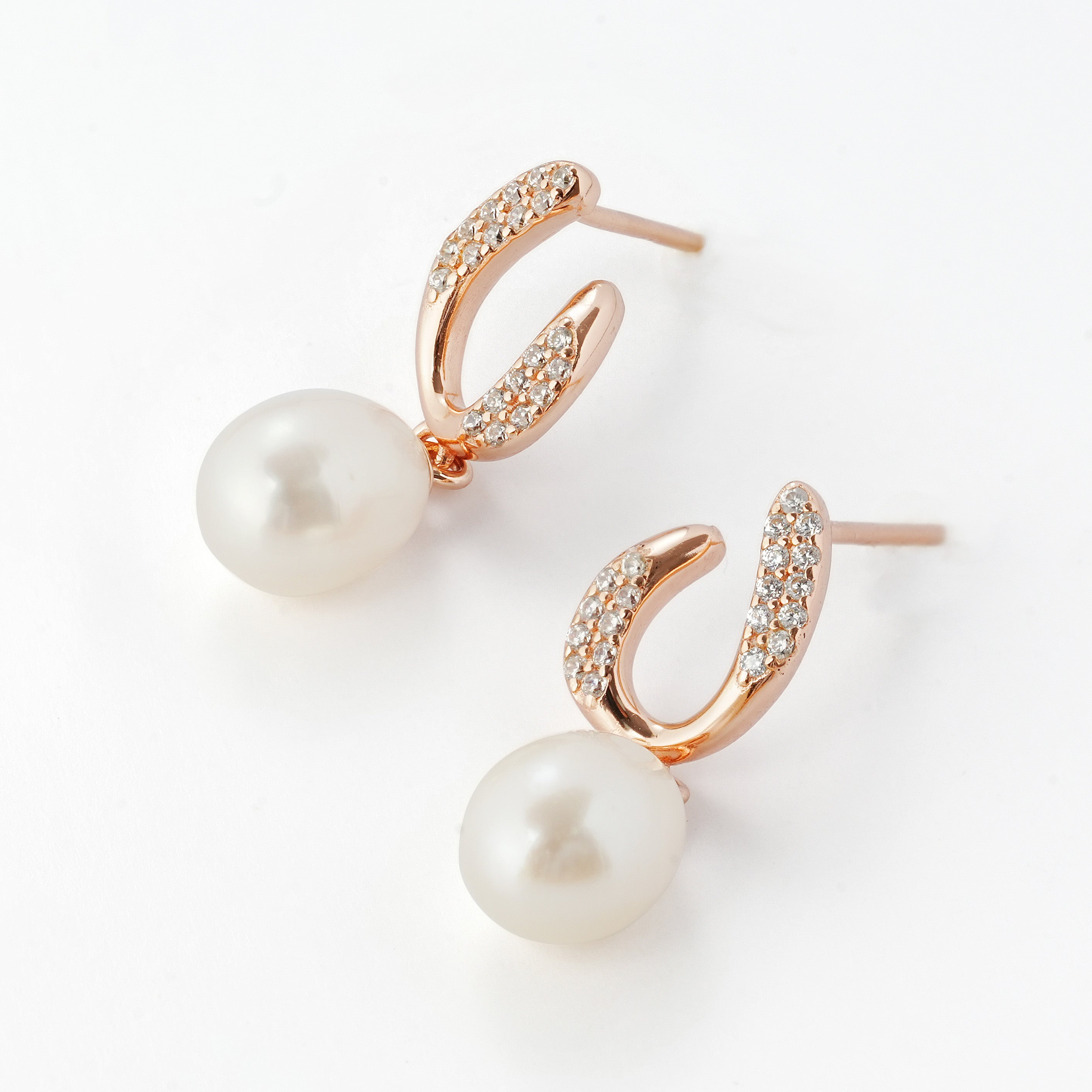 Rose-Gold Plated 925 Silver U-Shaped CZ Earrings with Freshwater Pearl Drops