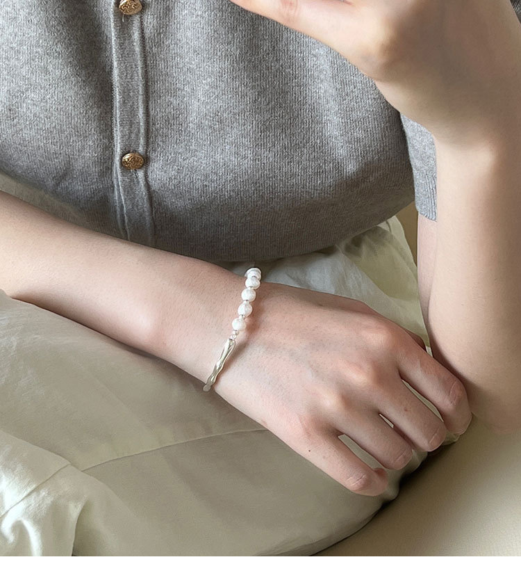 Rhodium-Plated Pearl & Sculpted Open Bangle Bracelet