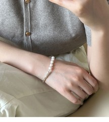Rhodium-Plated Pearl & Sculpted Open Bangle Bracelet