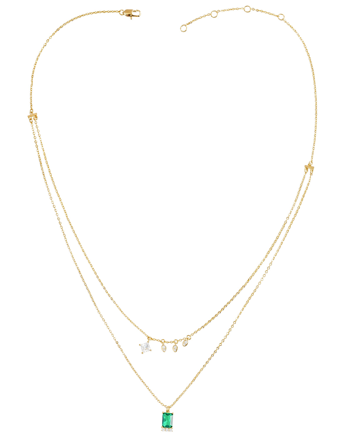 Layered Gold Necklace with Emerald Green CZ Pendant | 14K Gold Plated Brass | Double Chain Design for Women | Wholesale Fashion Jewelry