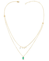 Layered Gold Necklace with Emerald Green CZ Pendant | 14K Gold Plated Brass | Double Chain Design for Women | Wholesale Fashion Jewelry
