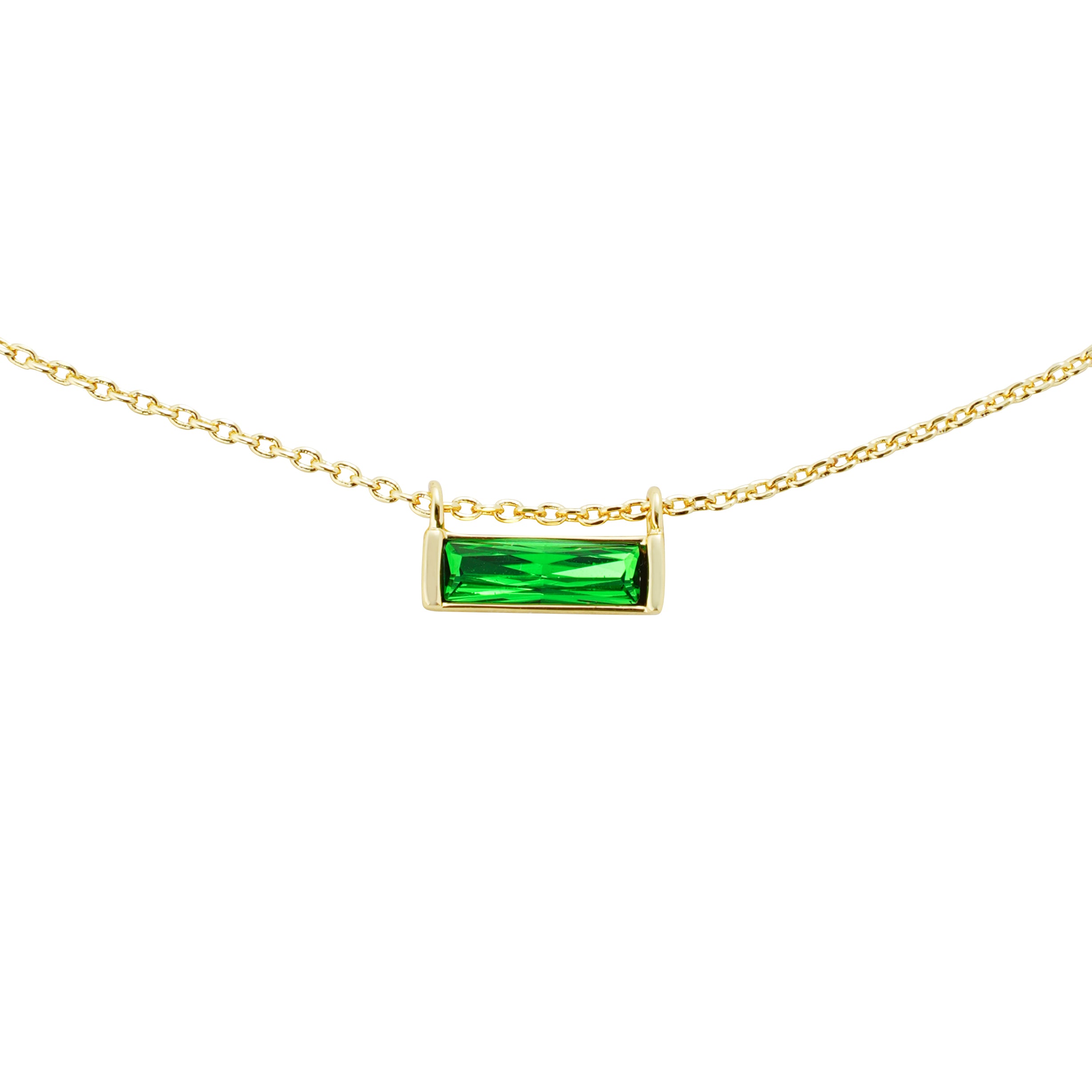 Minimal Sliding Bar Necklace – Brass Gold Plated with Olive Green Baguette Crystal