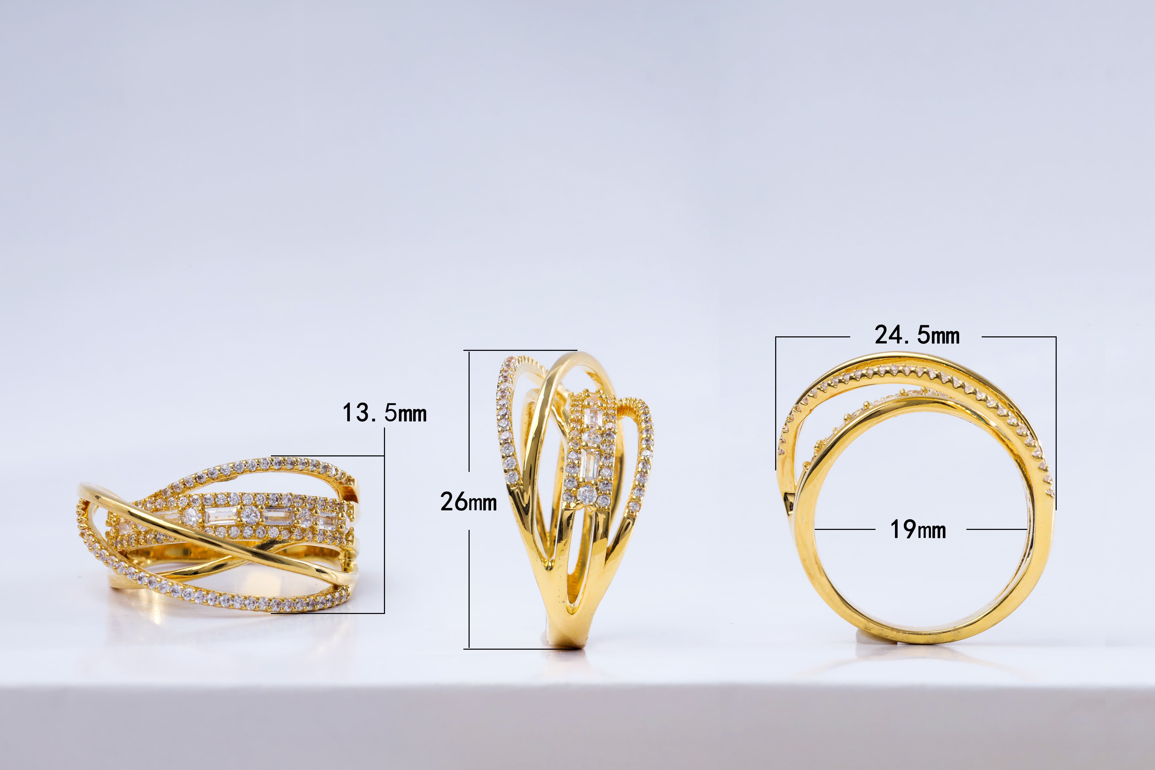 Chunky Layered Crossover Ring in 14K Gold Plated Brass with Pave Zircons