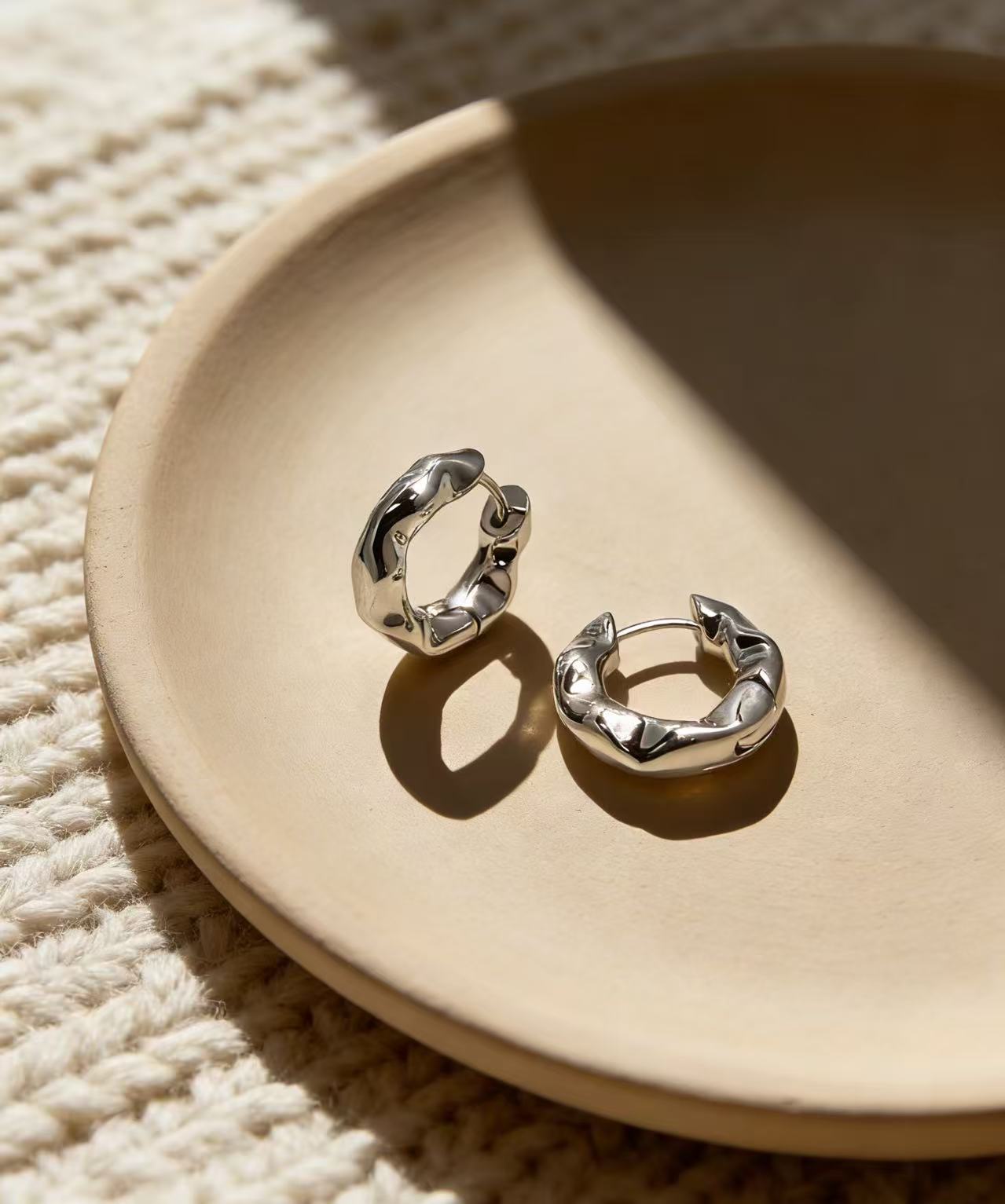 Organic Textured Hoop Earrings – Rhodium Plated Sculptural Huggie Design