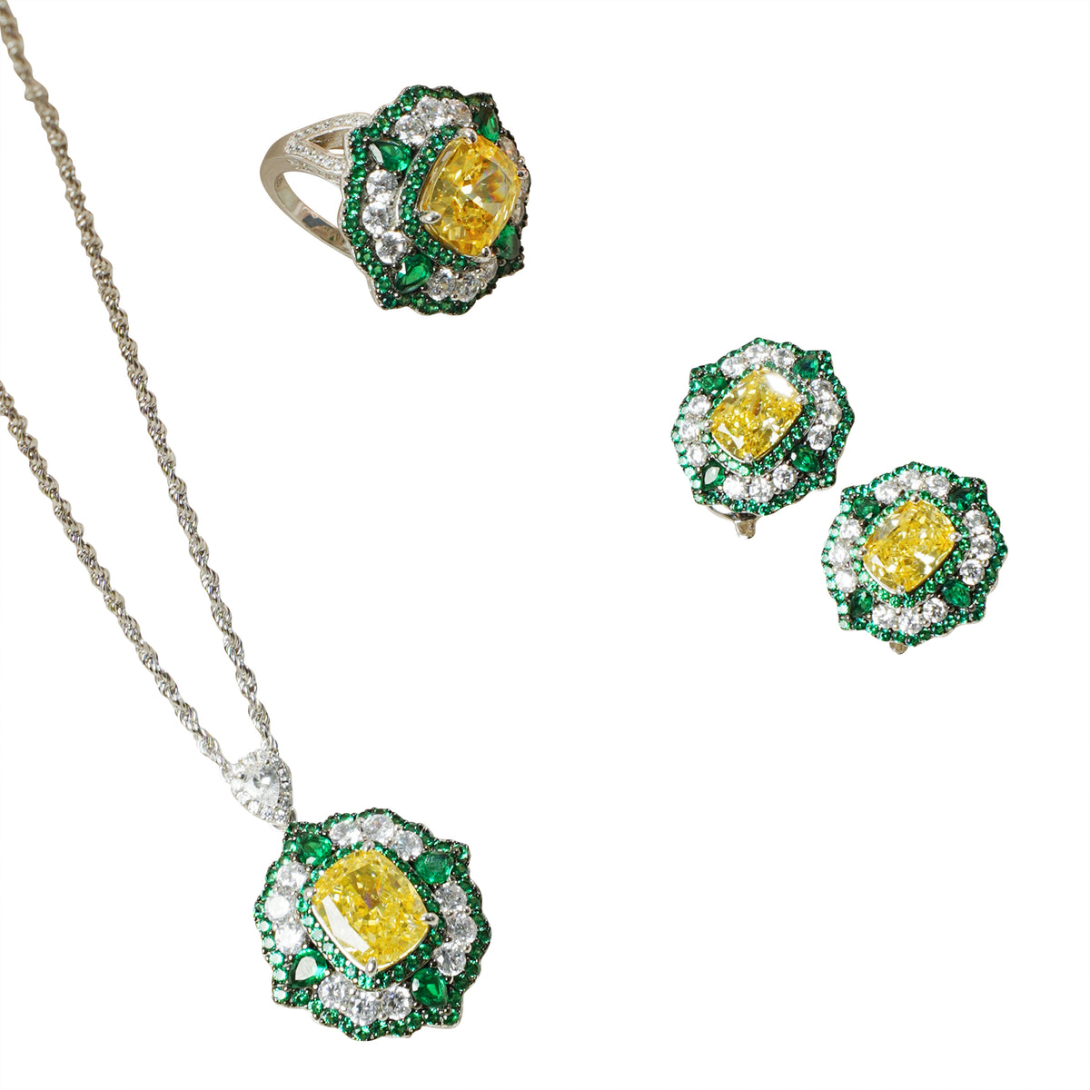 Luxury Yellow & Green Crushed Ice Stone Jewelry Set | 925 Silver Halo Necklace, Earrings & Ring | Wholesale OEM Jewelry Manufacturer