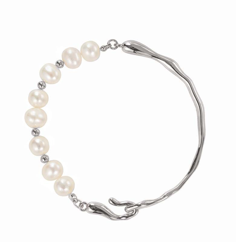Rhodium-Plated Pearl & Sculpted Open Bangle Bracelet