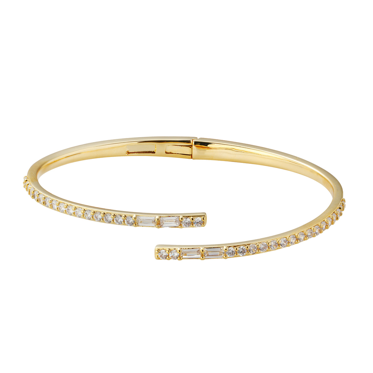 Offset Open Bangle | Half Zirconia, Half Polished | Brass Base with 14K Gold Plated (7 mils)