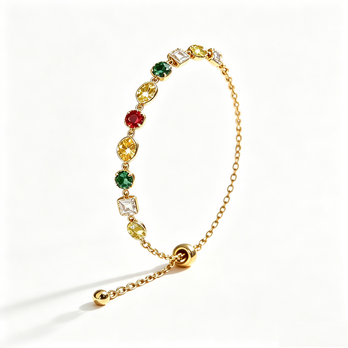 Colorful Multi-Stone CZ Bracelet – 14K Gold Plated Adjustable Slider Chain