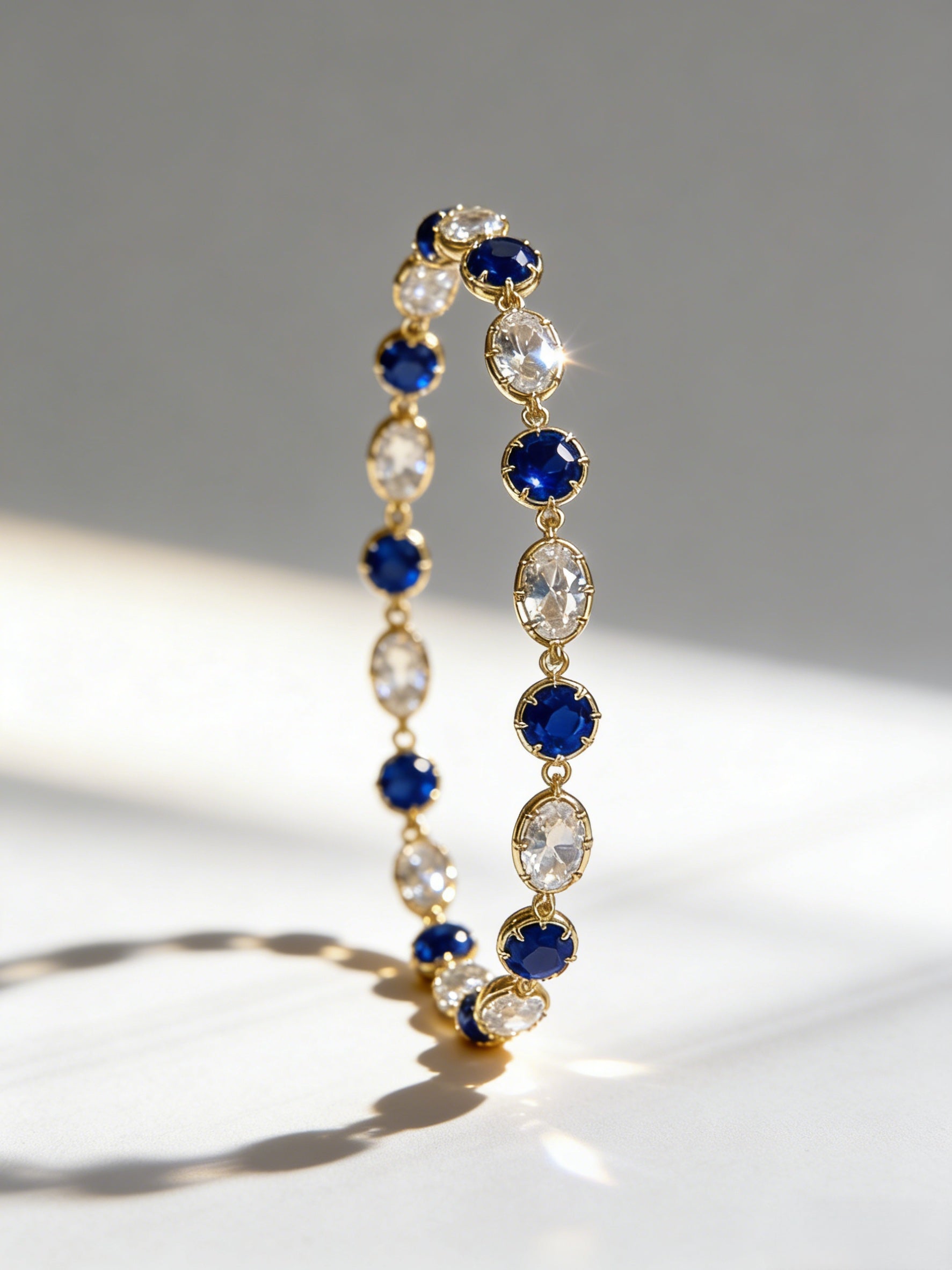 Elegant Blue & White CZ Tennis Bracelet – 14K Gold Plated Alternating Stone Chain