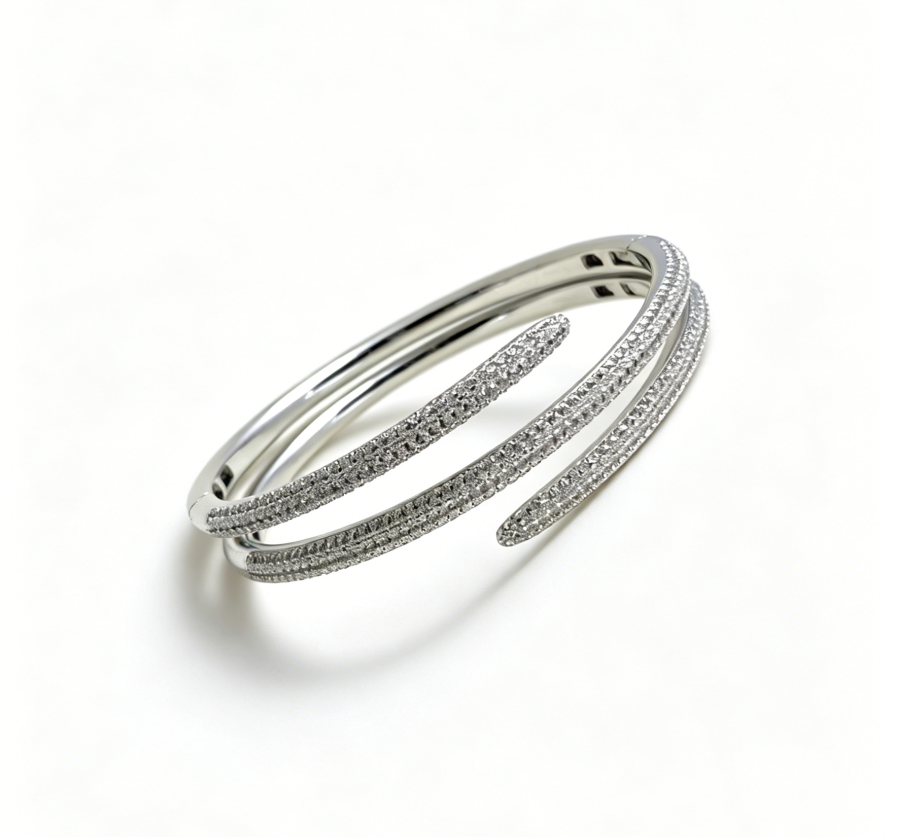 Luxury Double-Layer Pavé Cuff Bracelet – Rhodium Plated Open Wrap Bangle