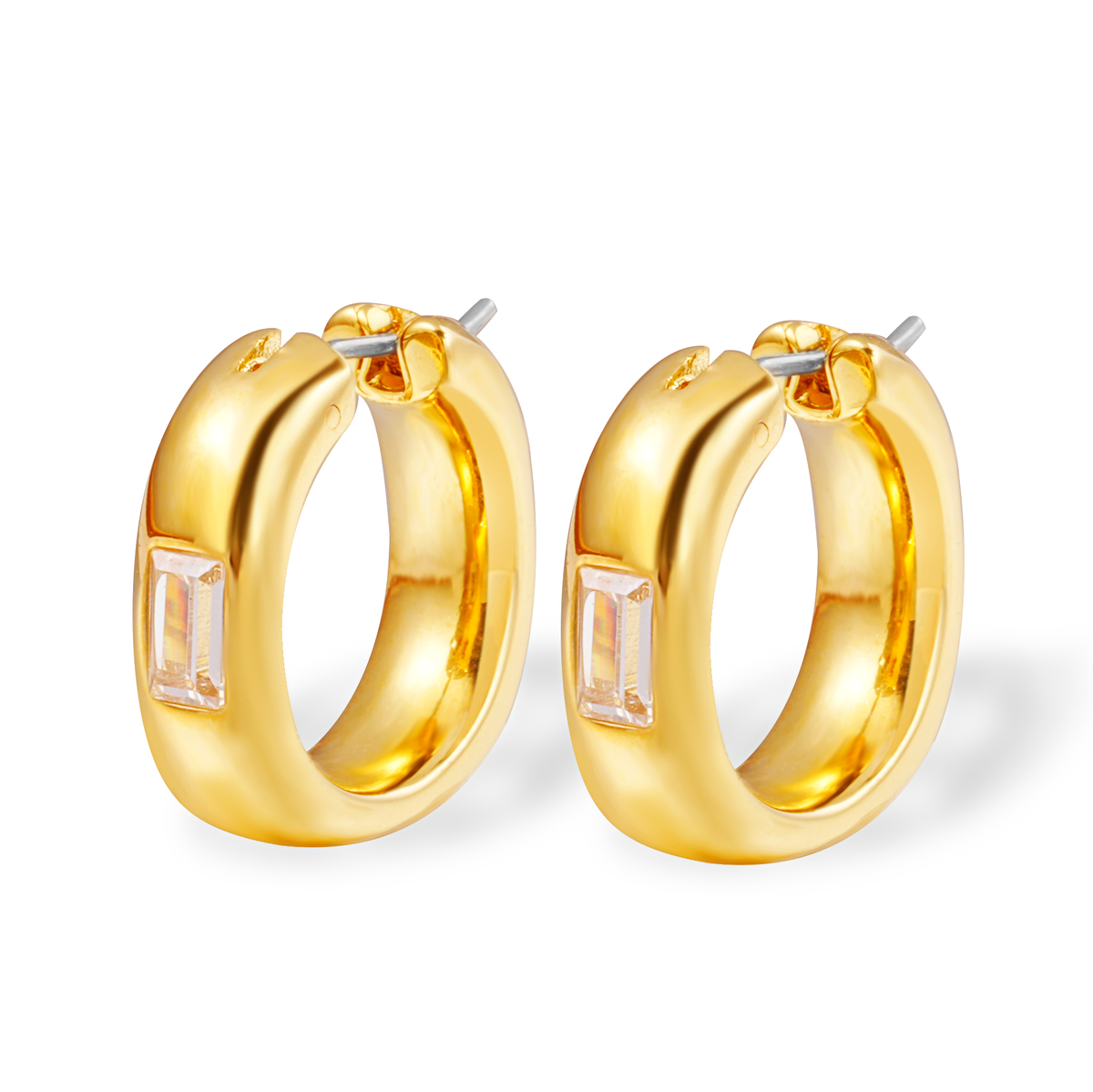 Gold Huggie Hoop Earrings for Women – 14K Gold Plated Hoops with Baguette CZ Stones