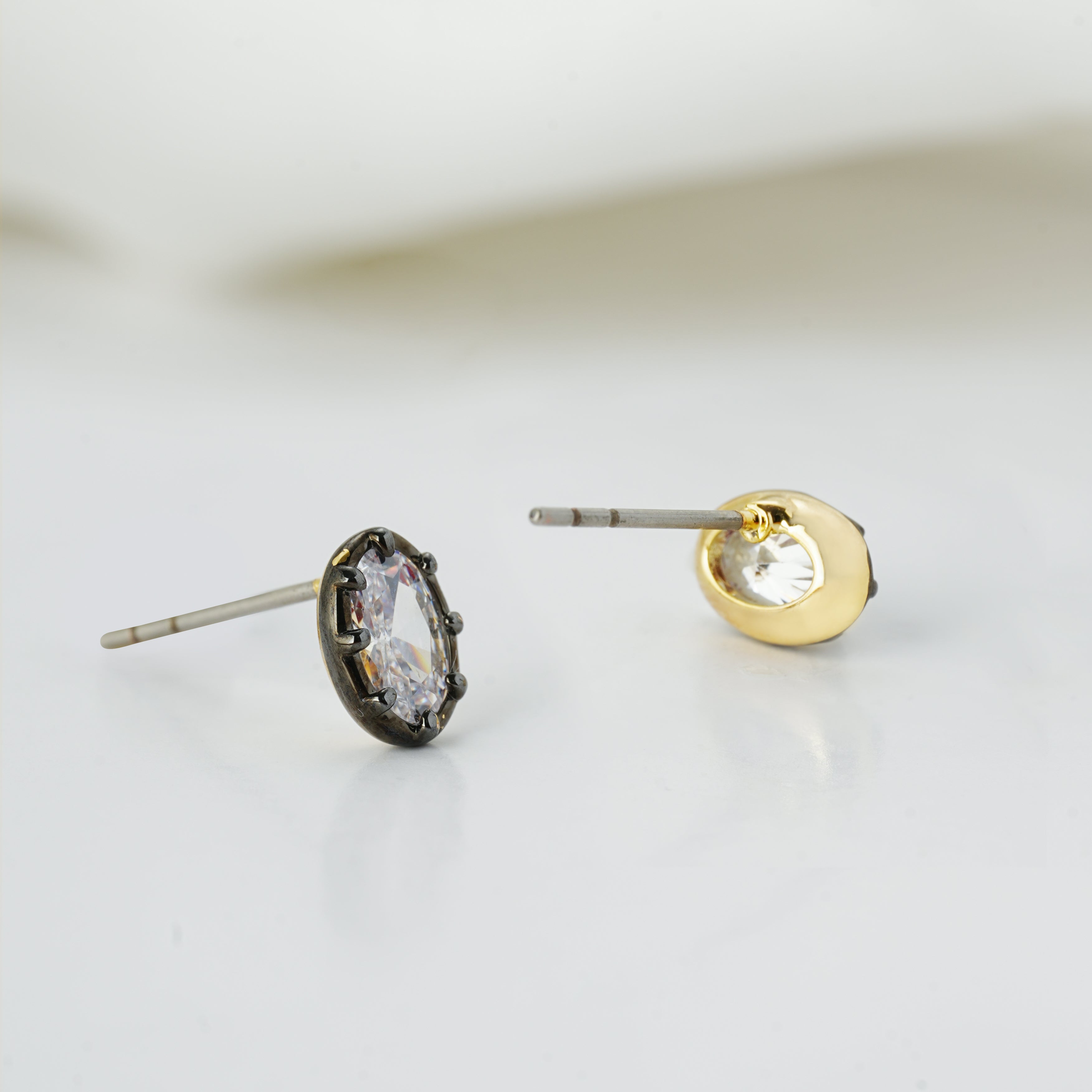 Zirconia Stud Earrings in Gold and Gunmetal – Square, Round, Teardrop & Oval Design