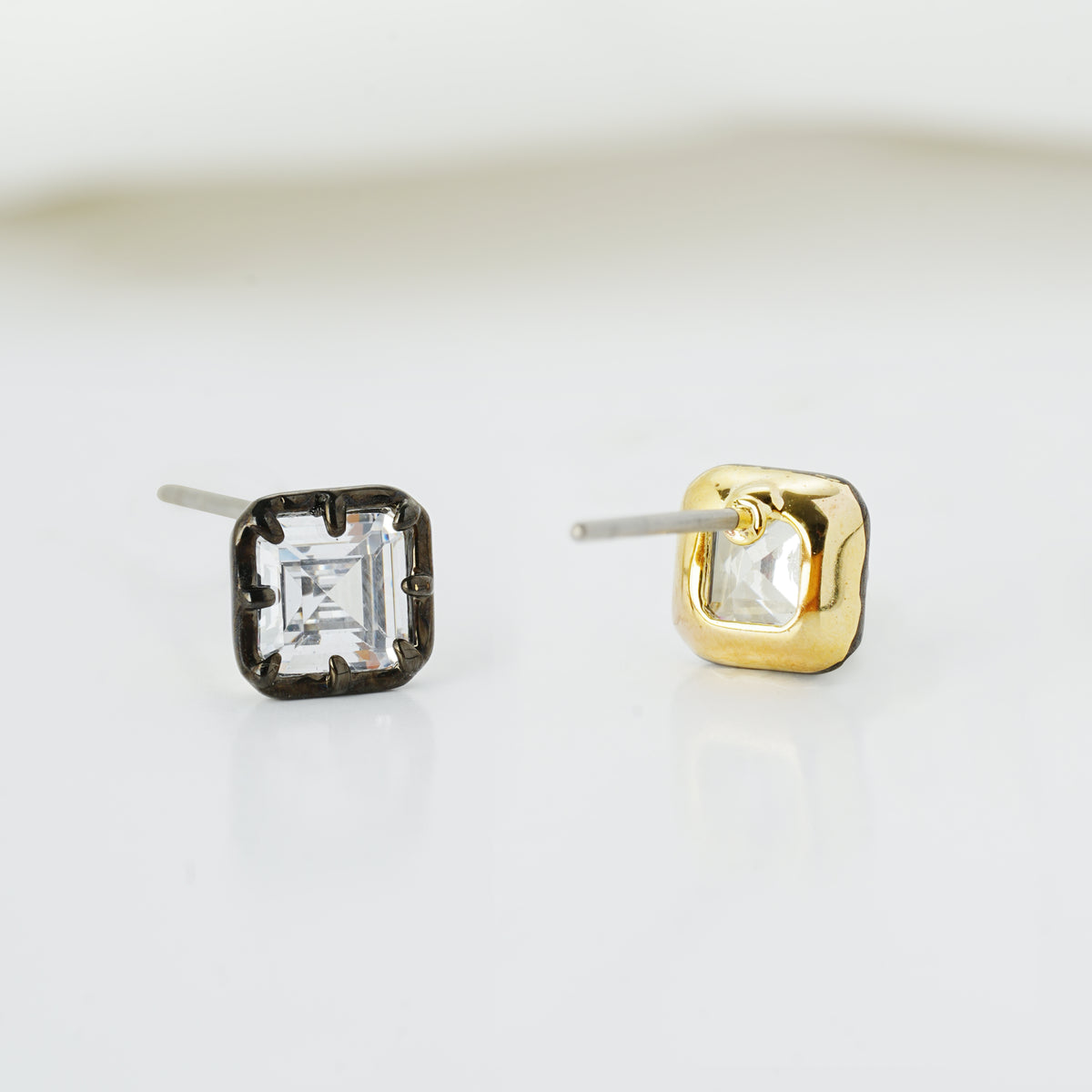 Zirconia Stud Earrings in Gold and Gunmetal – Square, Round, Teardrop & Oval Design