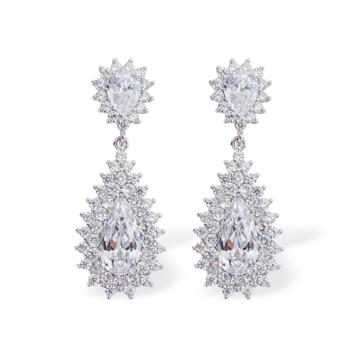 Celeste Halo Pear Drop Earrings — Sparkling CZ Teardrops in Silver-Tone Setting