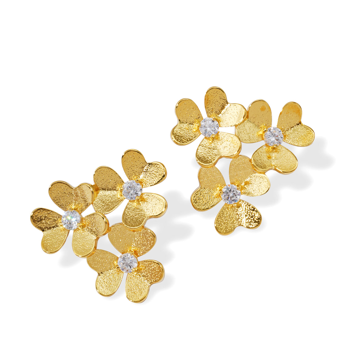 Triple Flower Stud Earrings – 14K Gold Plated Floral Design with Sparkling CZ Centers