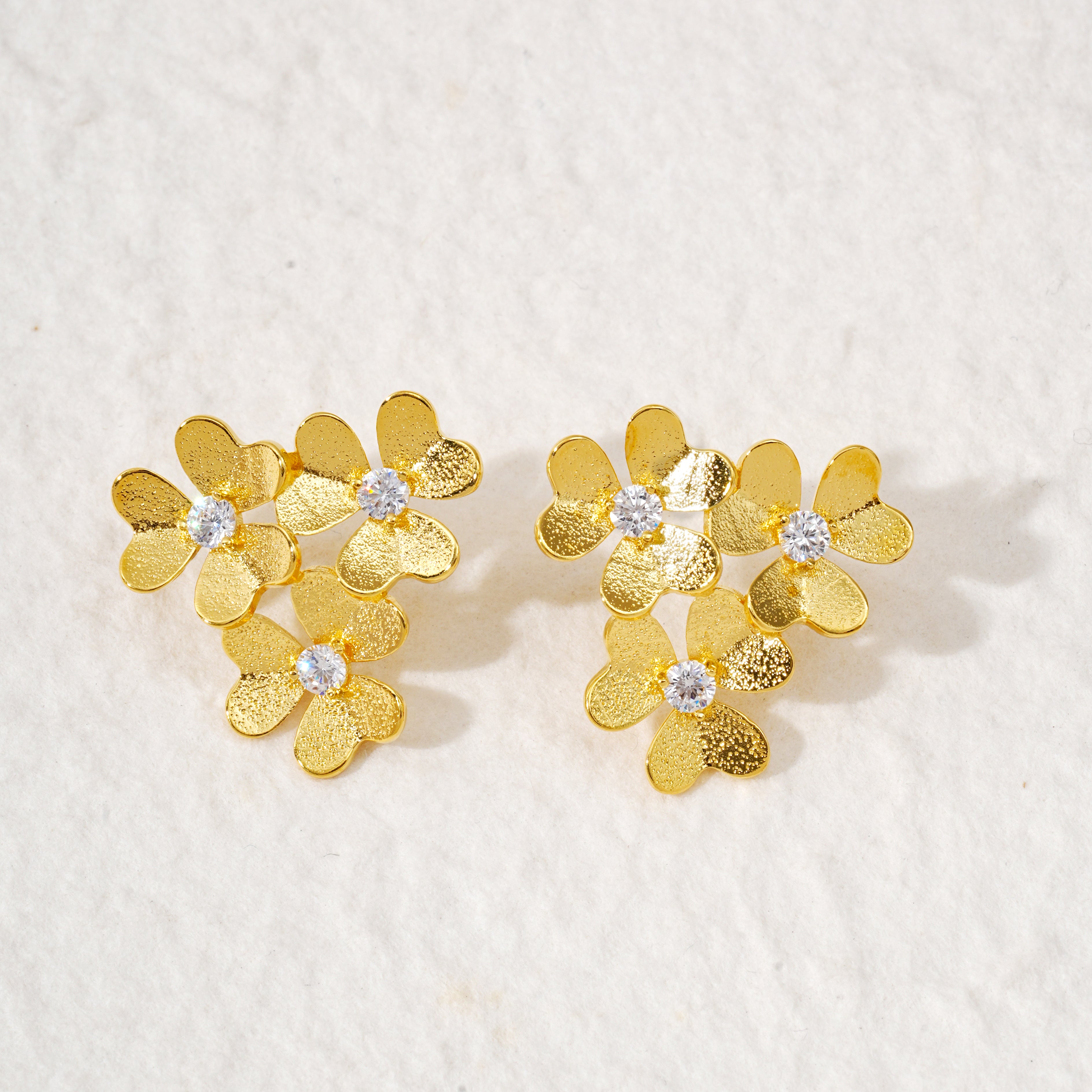 Triple Flower Stud Earrings – 14K Gold Plated Floral Design with Sparkling CZ Centers