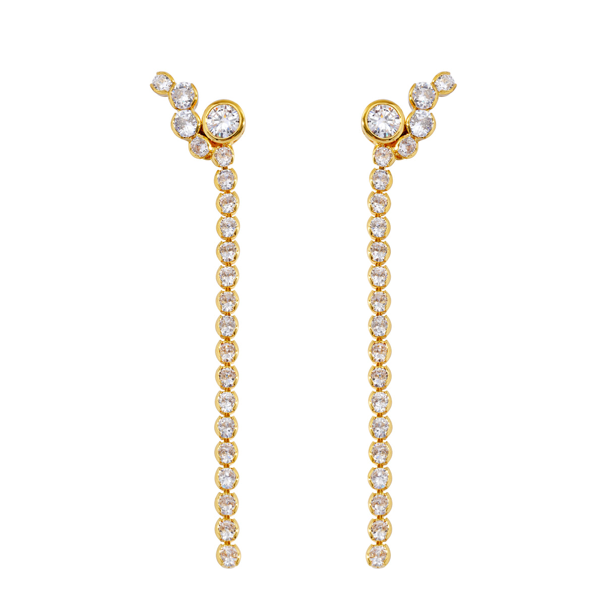 Gold Long Drop CZ Earrings – Elegant Full Zirconia Chain Dangle Jewelry