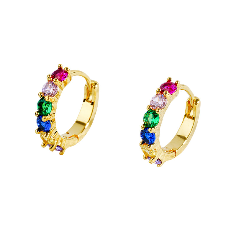 Rainbow CZ Hoop Earrings| Gold Plated Small Huggie Supplier | OEM Fashion Jewelry Factory