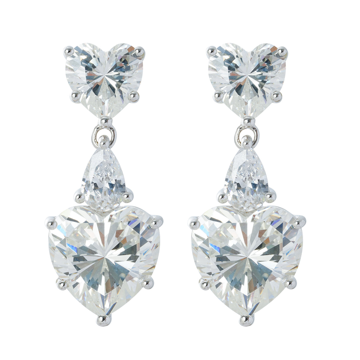 Heart CZ Dangle Earrings Wholesale | Rhodium Plated Brass Studs | Double Heart Drop Fashion Jewelry Supplier | OEM/ODM Manufacturer