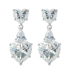 Heart CZ Dangle Earrings Wholesale | Rhodium Plated Brass Studs | Double Heart Drop Fashion Jewelry Supplier | OEM/ODM Manufacturer