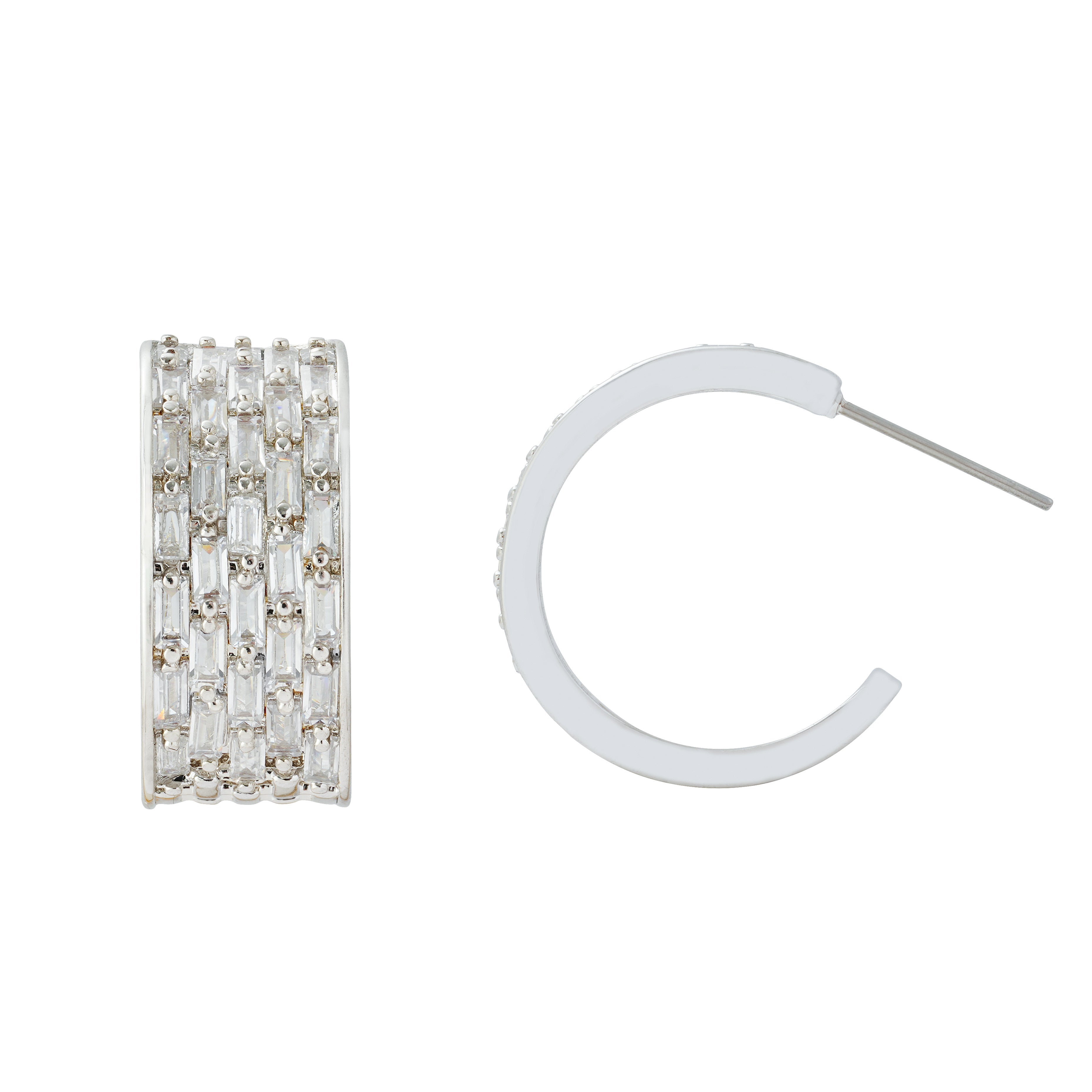 Rhodium Plated C-Shaped Hoop Earrings with Baguette CZ | Luxury Sparkling Statement Hoops | OEM Custom Fashion Jewelry Manufacturer