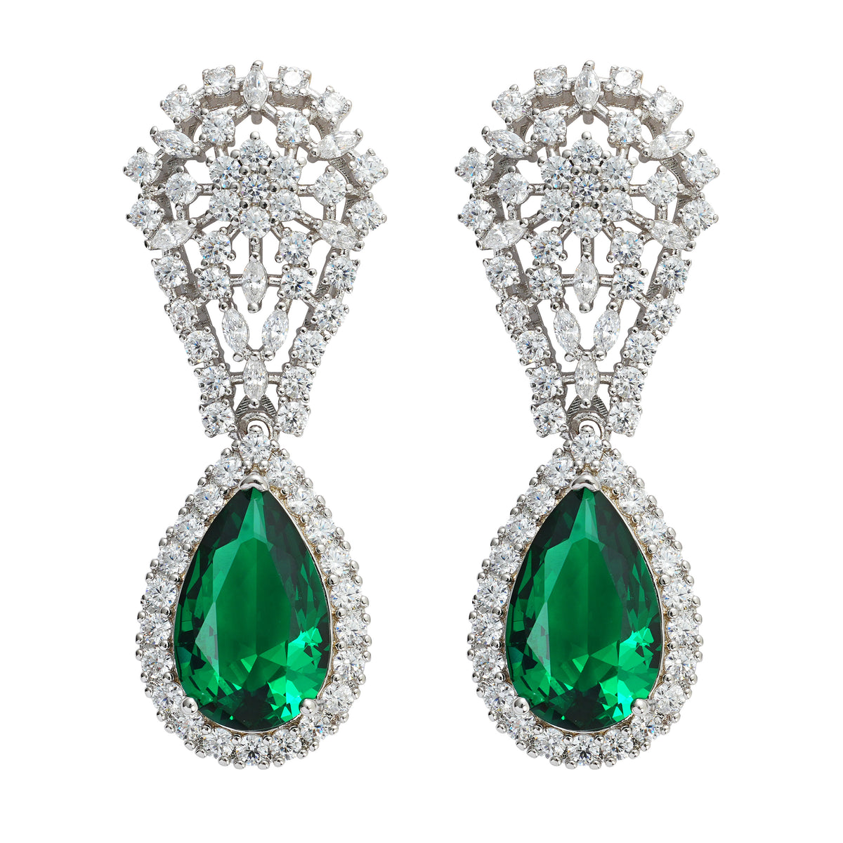 Emerald Green Teardrop CZ Luxury Earrings | High-End Brass or Silver Statement Jewelry for OEM Brands