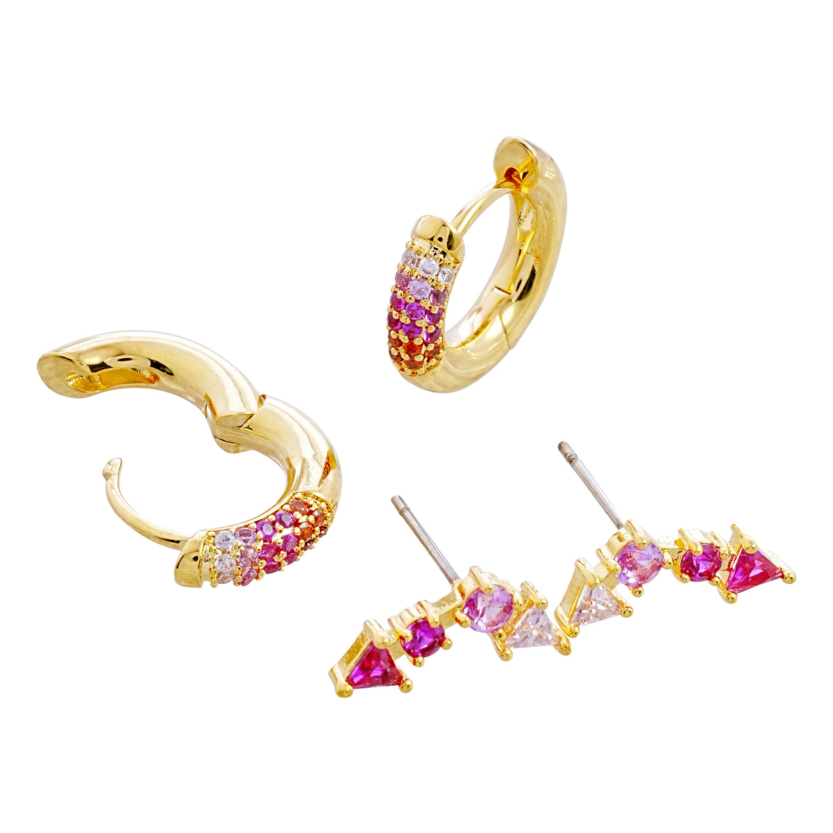 Gradient Pink Zirconia 2-Piece Earring Set | Hoop & Stud Combination | Brass + 14K Gold Plated
