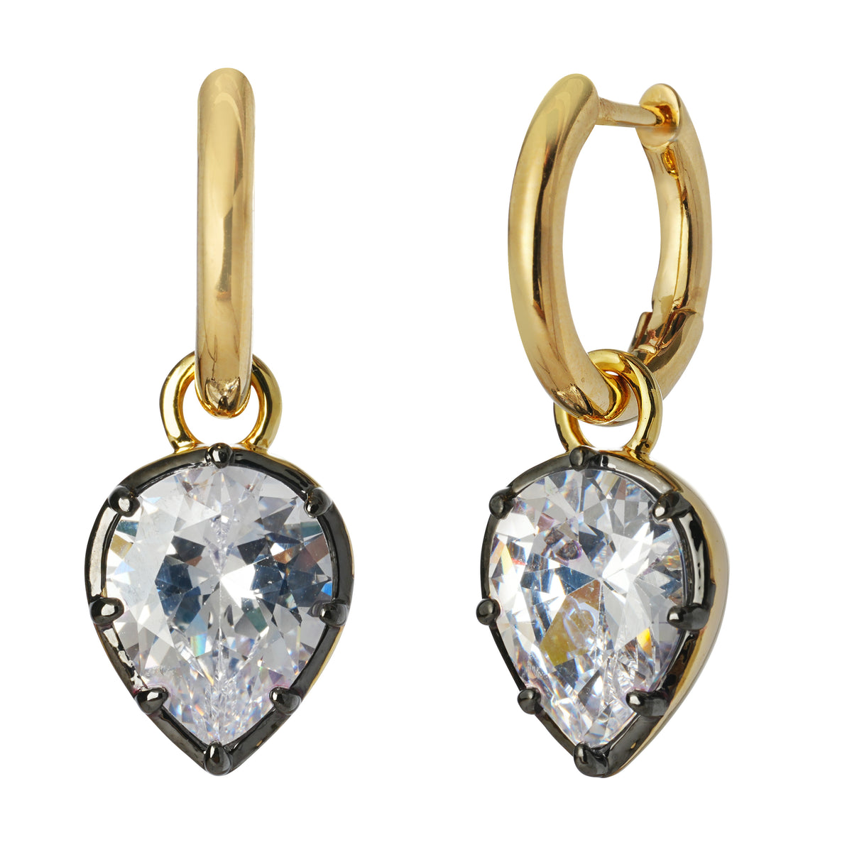 Dual-Tone 14K Gold & Gunmetal Plated Hoop Earrings with 3A Pear-Cut Zircon