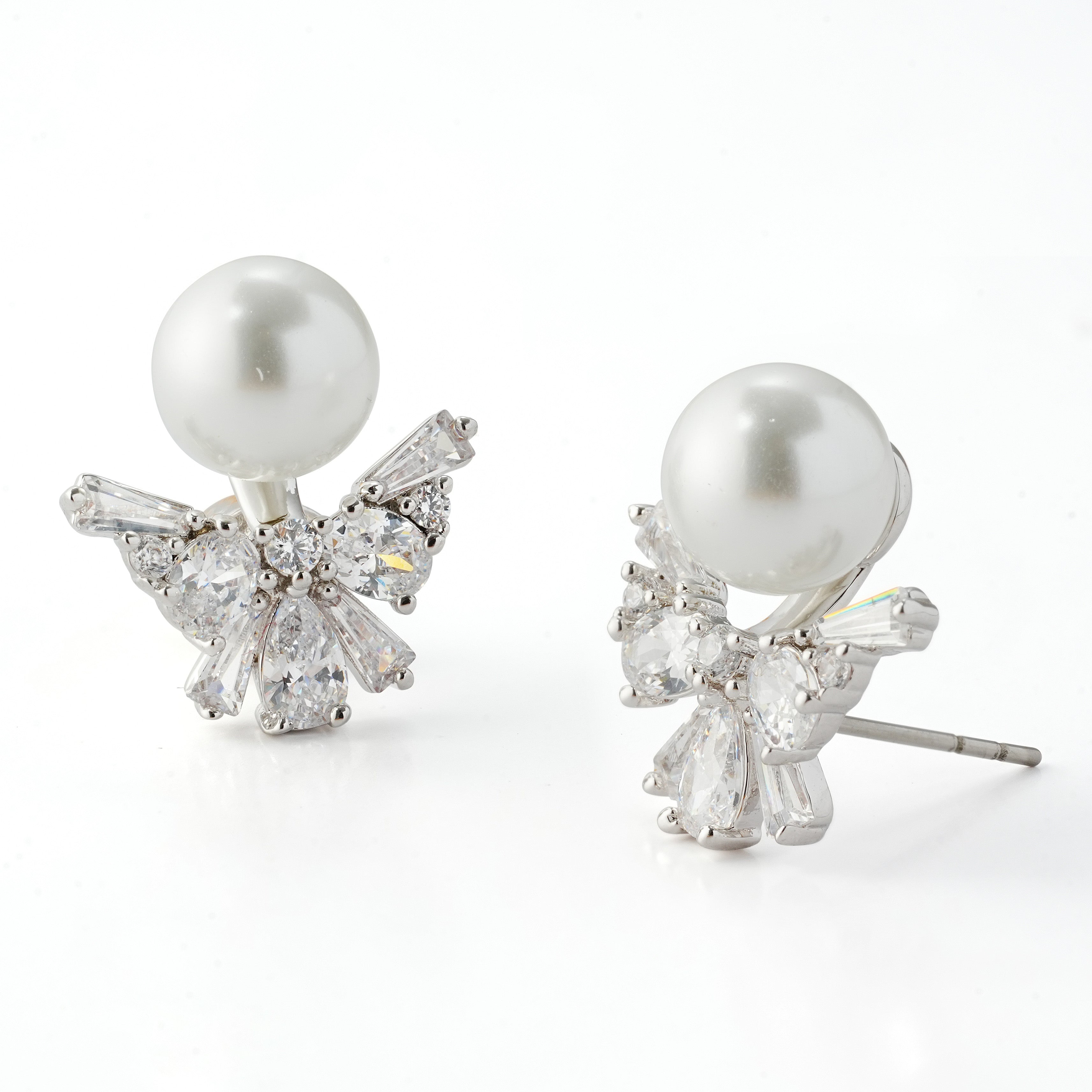 Angel-Inspired Pearl & CZ Stud Earrings — Rhodium-Plated Brass with Hypoallergenic Steel Post