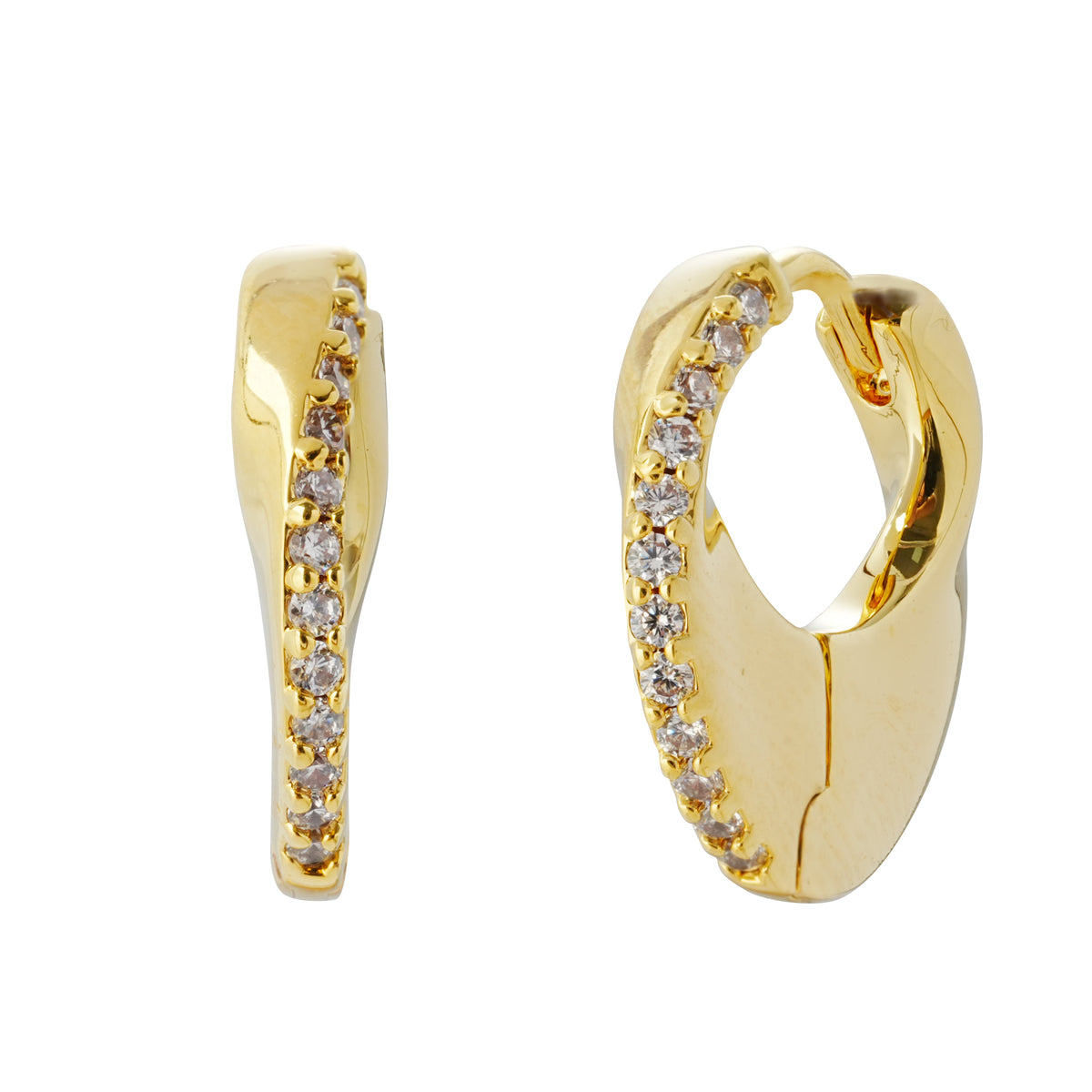 Sculptural Gold Plated Huggie Earrings with Pave Zircons