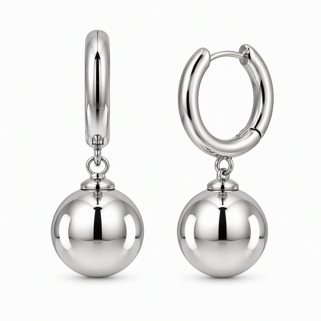 Modern Sphere Drop Huggie Hoop Earrings | Rhodium-Plated Brass with 925 Silver Posts