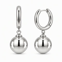 Modern Sphere Drop Huggie Hoop Earrings | Rhodium-Plated Brass with 925 Silver Posts