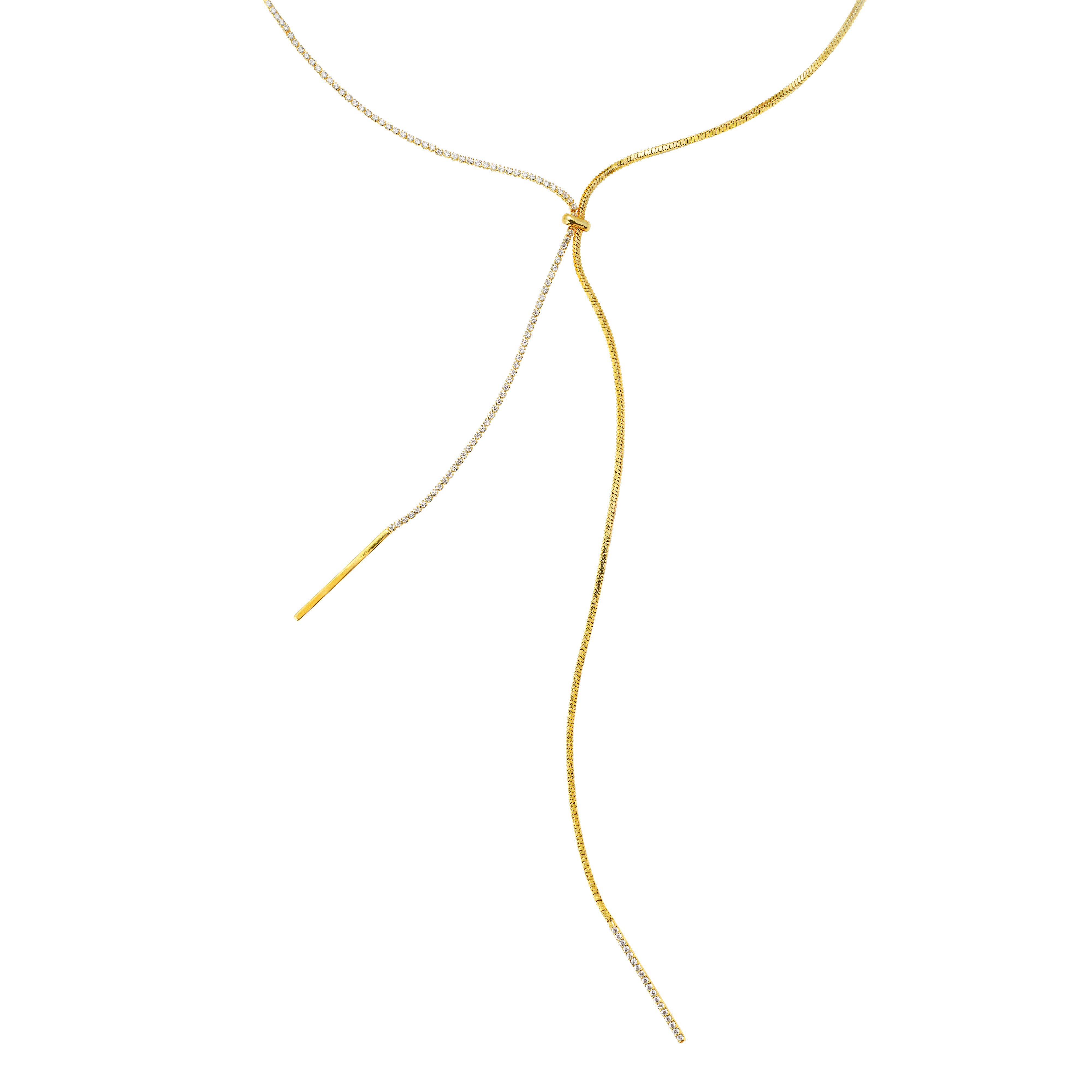 Two-Tone Fixed Lariat Necklace | 14K Gold Plated Brass with CZ Chain & Smooth Chain | Minimalist Statement Jewelry OEM