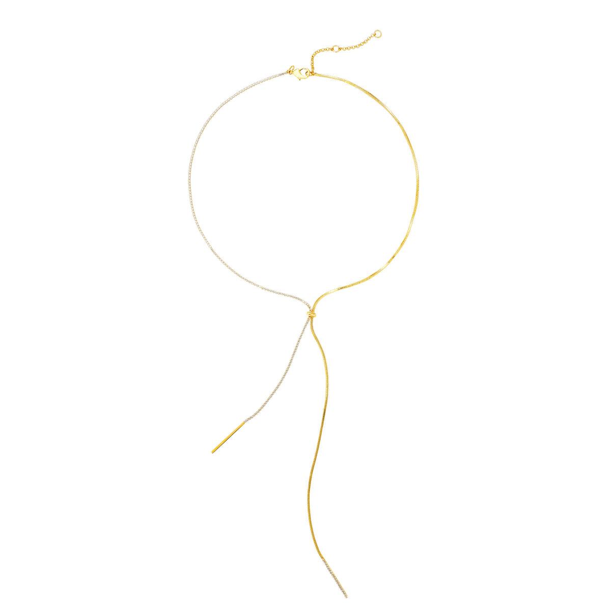 Two-Tone Fixed Lariat Necklace | 14K Gold Plated Brass with CZ Chain & Smooth Chain | Minimalist Statement Jewelry OEM