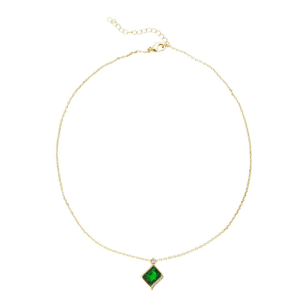 Diagonal Emerald-Green Baguette Rhinestone Pendant Necklace – 1.3 mm Anchor Chain, High-Quality Imitation Gold Plating