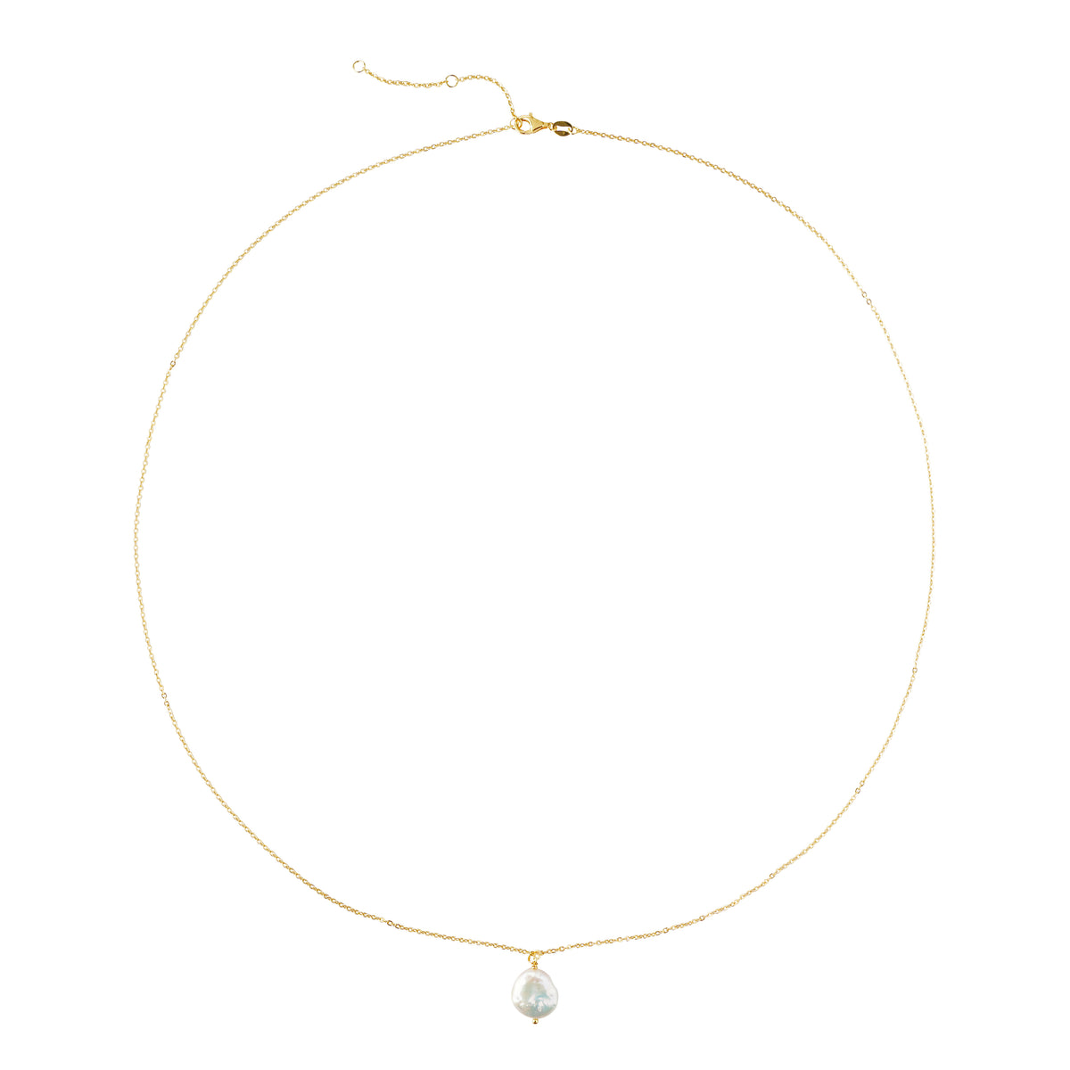 23ct Gold Plated Long Necklace with Natural Coin Pearl Pendant – 925 Sterling Silver