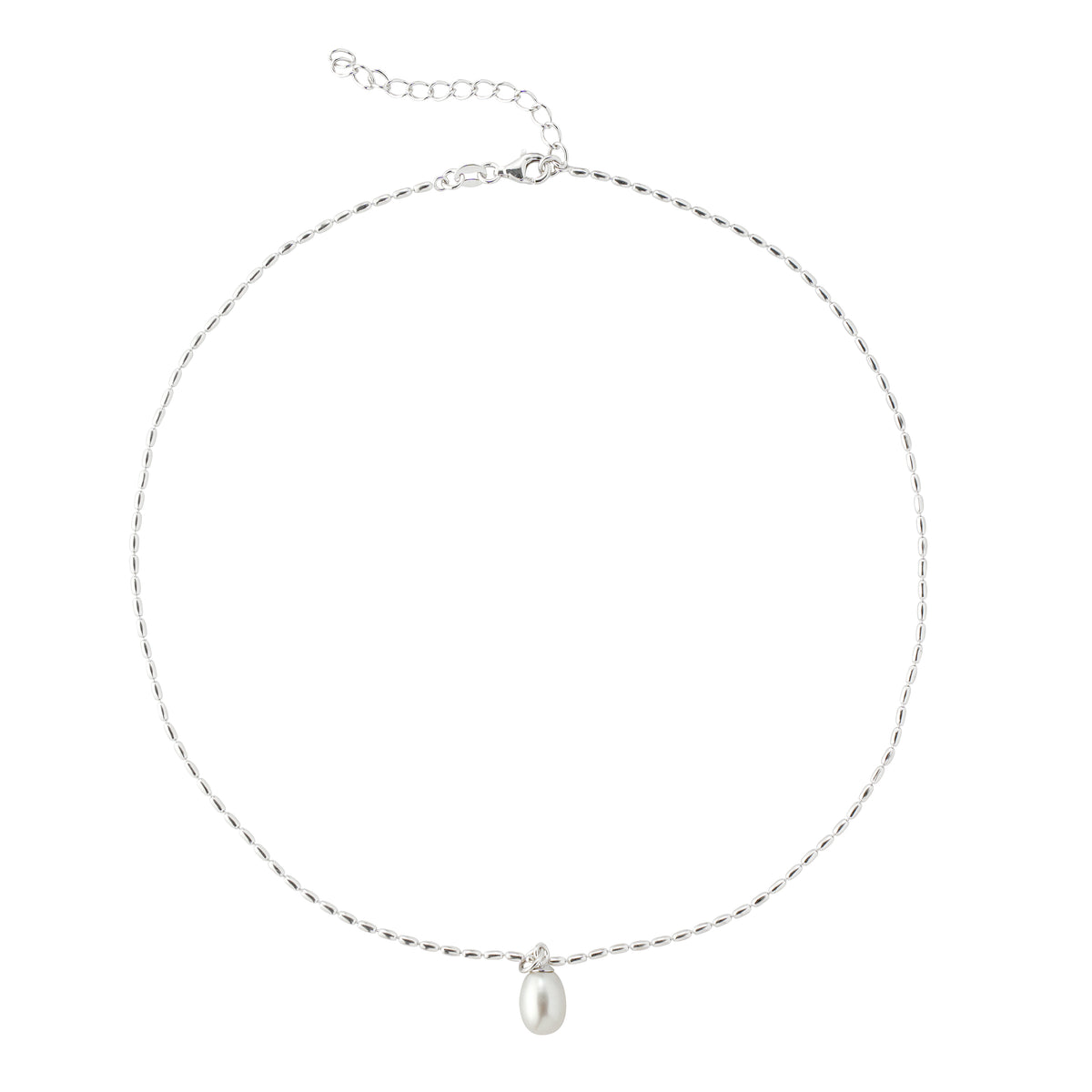 Rhodium-Plated 925 Sterling Silver Rice-Bead Necklace with Oval Freshwater Pearl Pendant