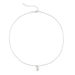 Rhodium-Plated 925 Sterling Silver Rice-Bead Necklace with Oval Freshwater Pearl Pendant