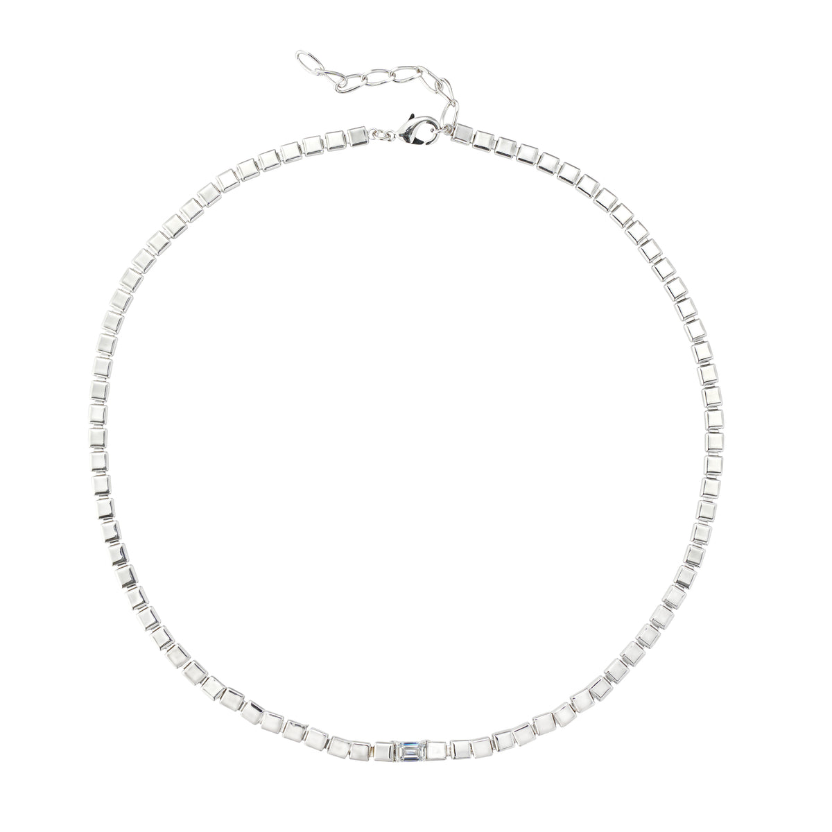 Rhodium-Plated Square Link Necklace with 3A CZ Center Stone
