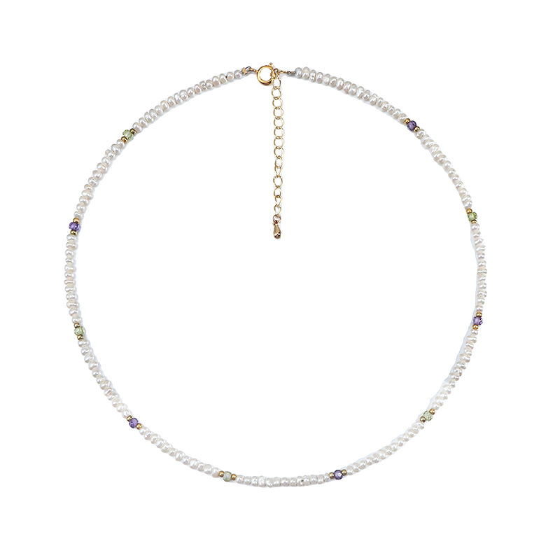 Elegant Freshwater Pearl Necklace with Multicolor Zircon Accents | 14K Gold Plated Brass