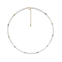 Elegant Freshwater Pearl Necklace with Multicolor Zircon Accents | 14K Gold Plated Brass