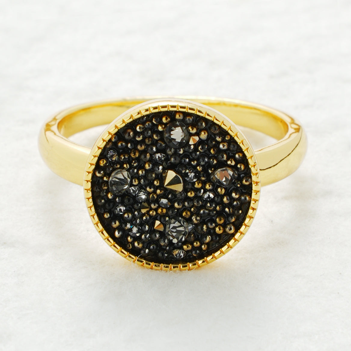 Black Crystal Fabric Gold Plated Ring