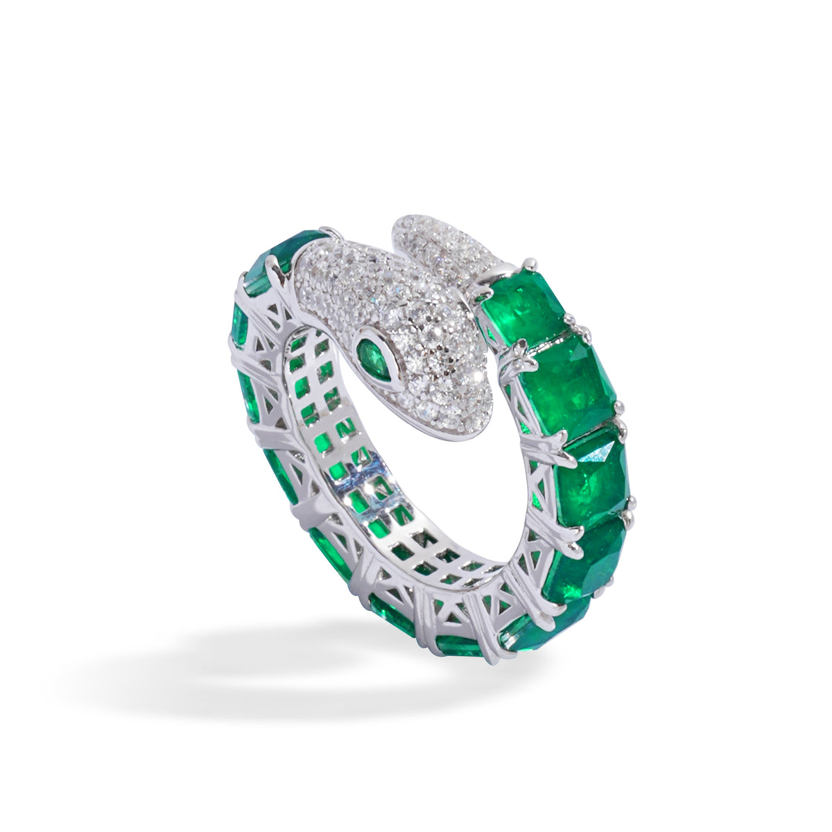 Luxury 925 Sterling Silver Snake Ring with Emerald-Green CZ | Pave Zircon Wrap Ring | OEM Custom High-End Jewelry Manufacturer