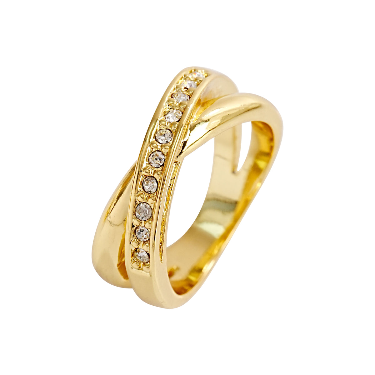 Crossover Rhinestone Ring | Imitation Gold Plated Brass | Modern Layered Band OEM