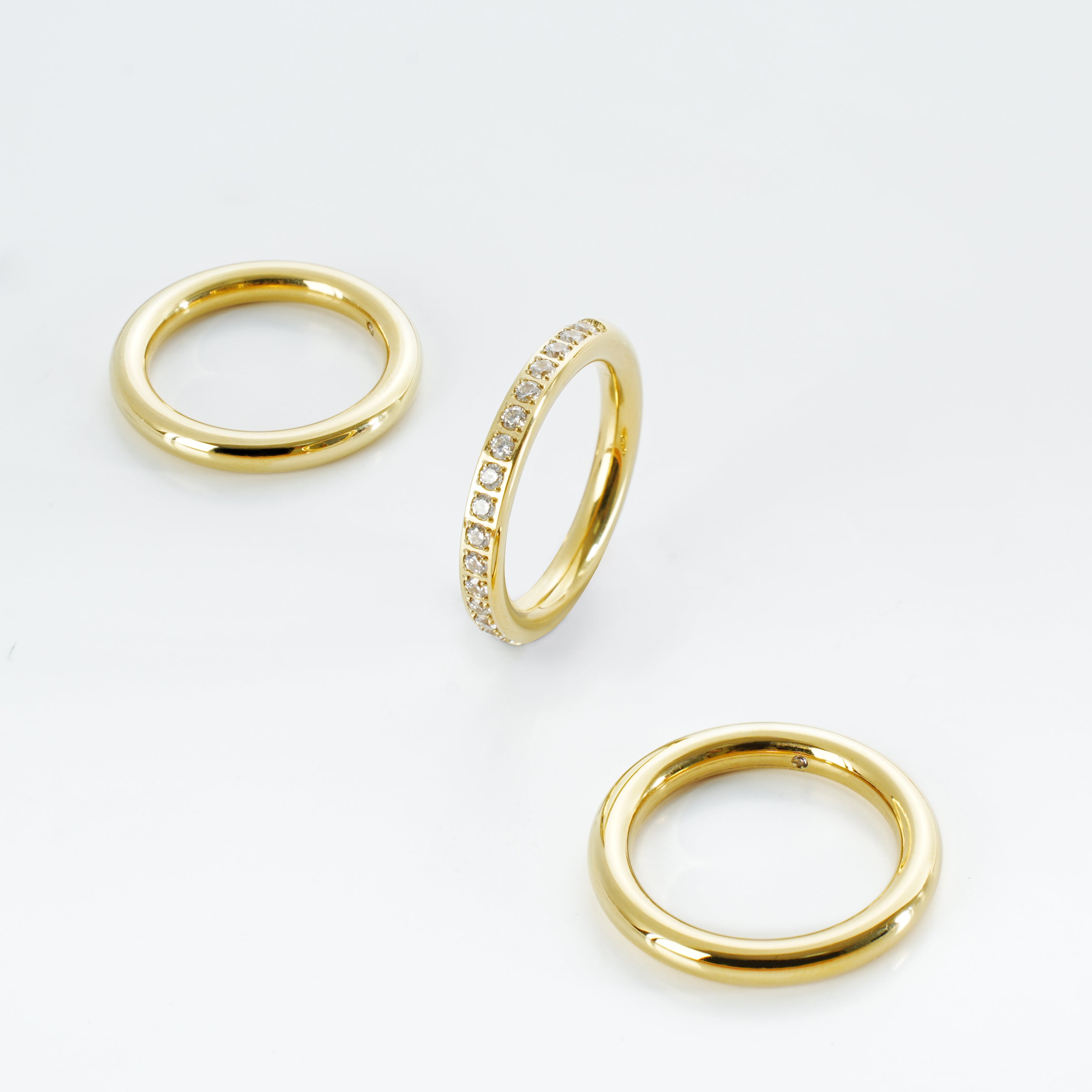 3-Piece Gold Ring Set | Half Zirconia Bands + Plain Polished Ring | 316 Stainless Steel