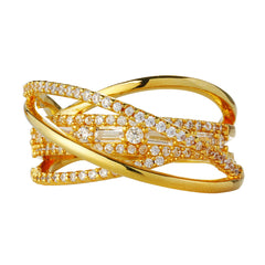 Chunky Layered Crossover Ring in 14K Gold Plated Brass with Pave Zircons
