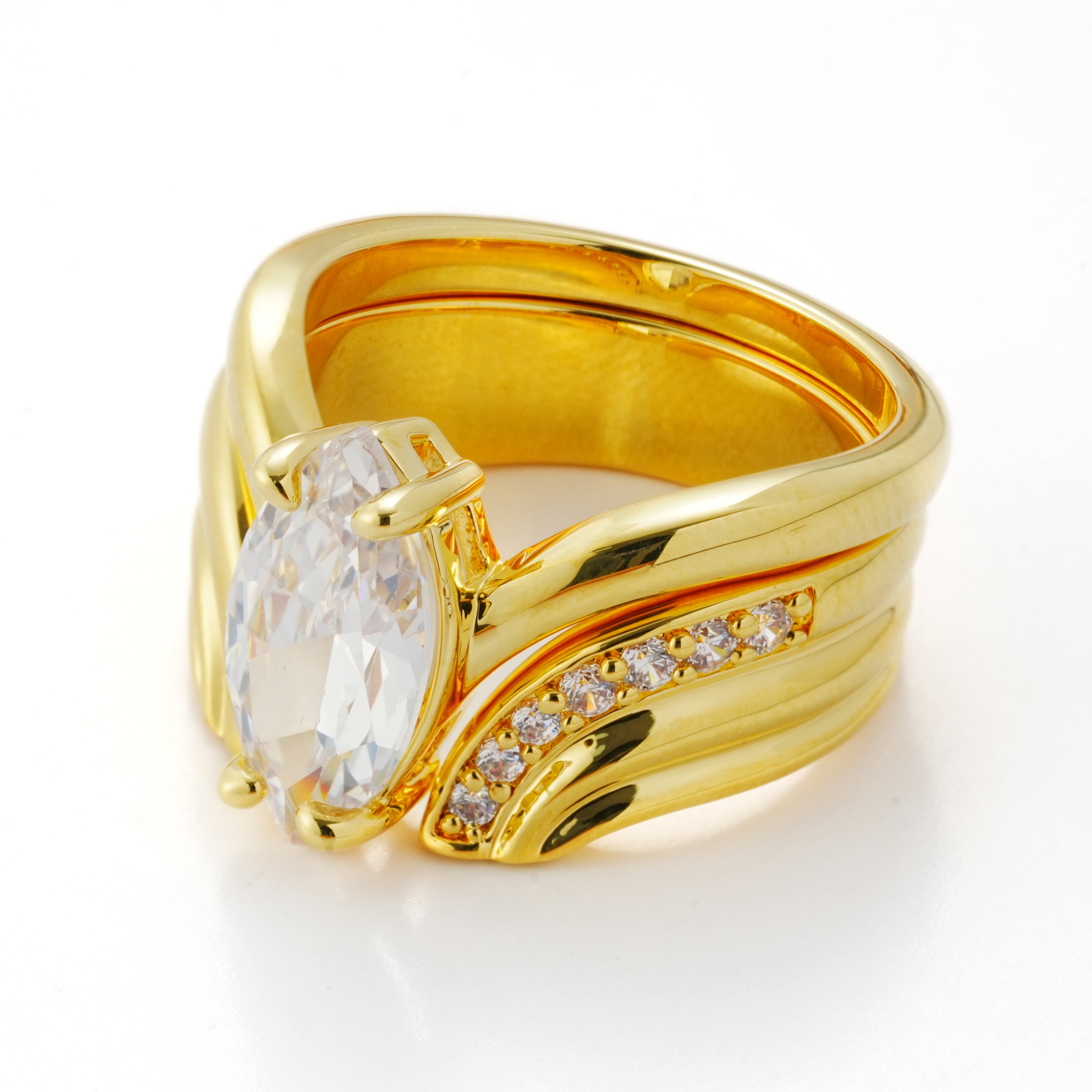 Statement Marquise-Cut Zircon Ring Set (2 PCS) | 14K Gold Plated Brass | Sculpted Bands with Pave Accents